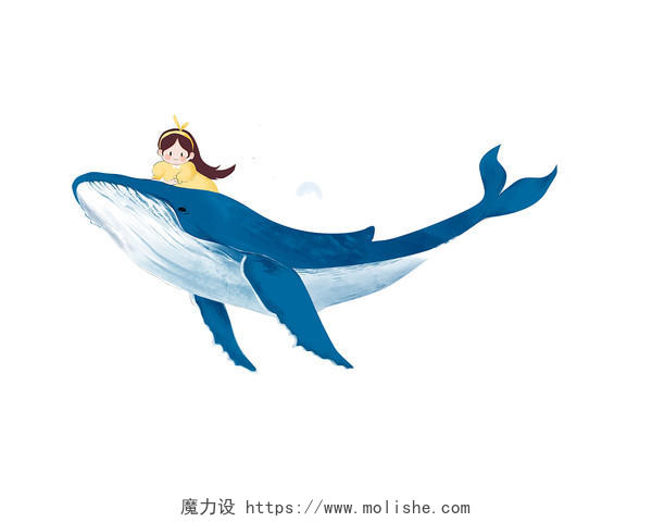 彩色手绘卡通人物女孩骑鲸鱼海洋动物元素PNG素材